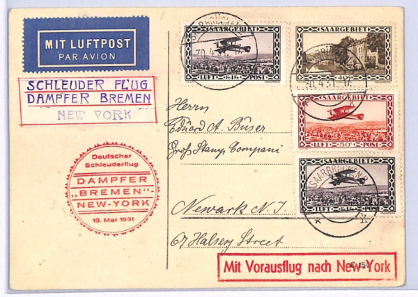 SAAR Germany *CATAPULT* AIR MAIL Card 1931 Transatlantic SHIP Bremen-USA XF296 - Image 5