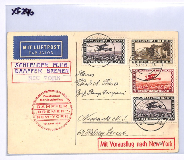 SAAR Germany *CATAPULT* AIR MAIL Card 1931 Transatlantic SHIP Bremen-USA XF296 - Image 6