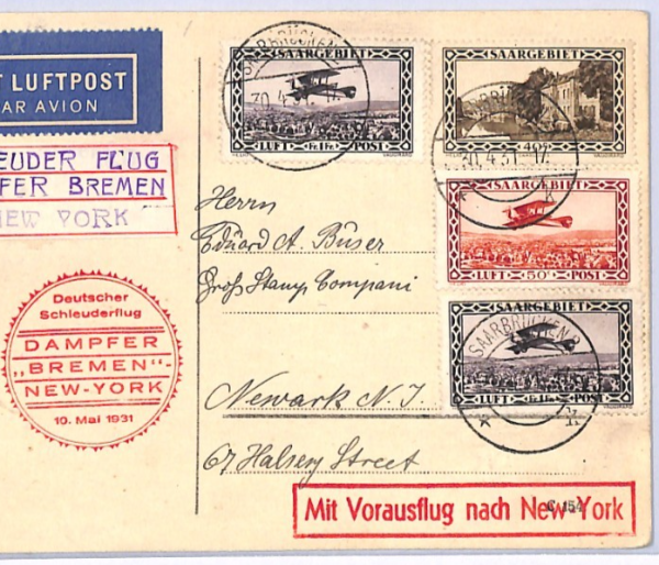 SAAR Germany *CATAPULT* AIR MAIL Card 1931 Transatlantic SHIP Bremen-USA XF296