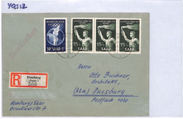 SAAR *Helsinki Olympics* 1952 Registered Cover Duisburg {samwells-covers}YQ312 - Image 11