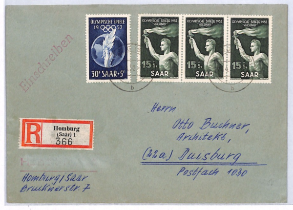 SAAR *Helsinki Olympics* 1952 Registered Cover Duisburg {samwells-covers}YQ312 - Image 3
