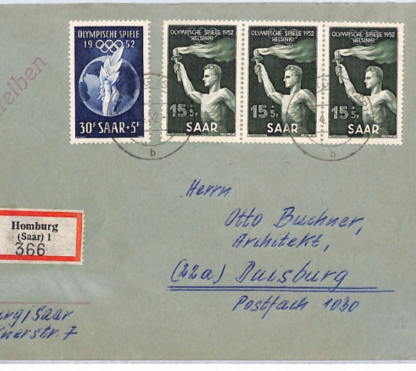 SAAR *Helsinki Olympics* 1952 Registered Cover Duisburg {samwells-covers}YQ312