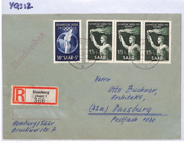 SAAR *Helsinki Olympics* 1952 Registered Cover Duisburg {samwells-covers}YQ312 - Image 9