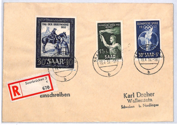 SAAR *Helsinki Olympics* 1952 Registered Cover {samwells-covers}YQ311 - Image 3
