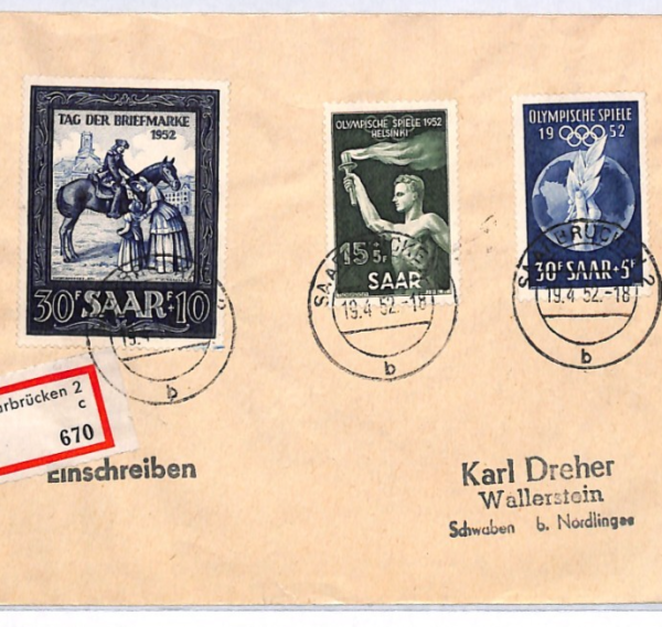 SAAR *Helsinki Olympics* 1952 Registered Cover {samwells-covers}YQ311