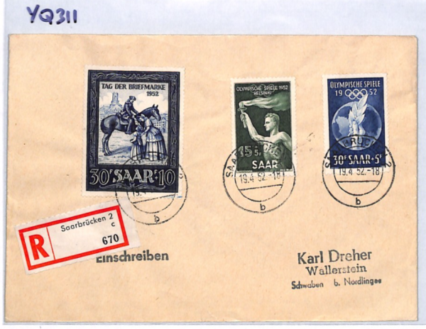 SAAR *Helsinki Olympics* 1952 Registered Cover {samwells-covers}YQ311 - Image 9