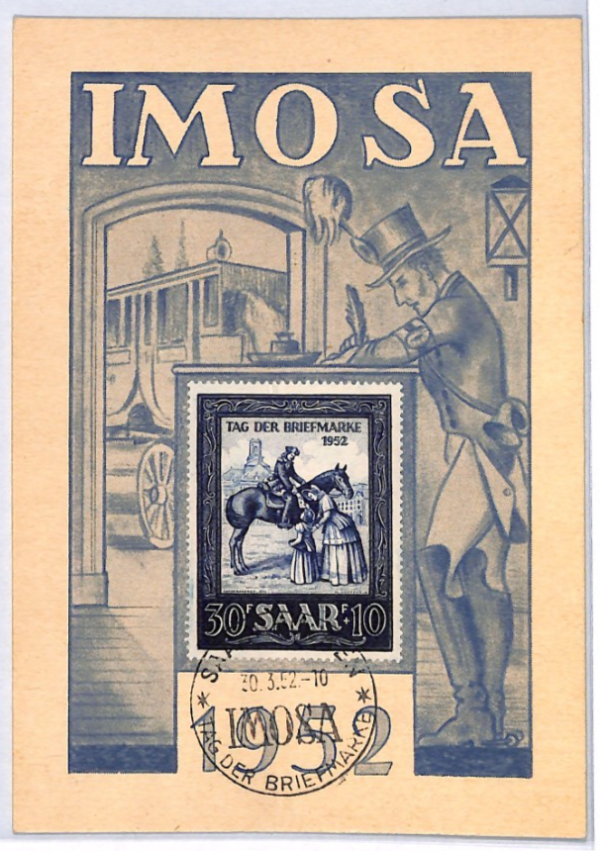 SAAR *IMOSA* 1952 MAXI-CARD Saarbrucken 30+10f POSTMAN HORSE {samwells}YQ346 - Image 3