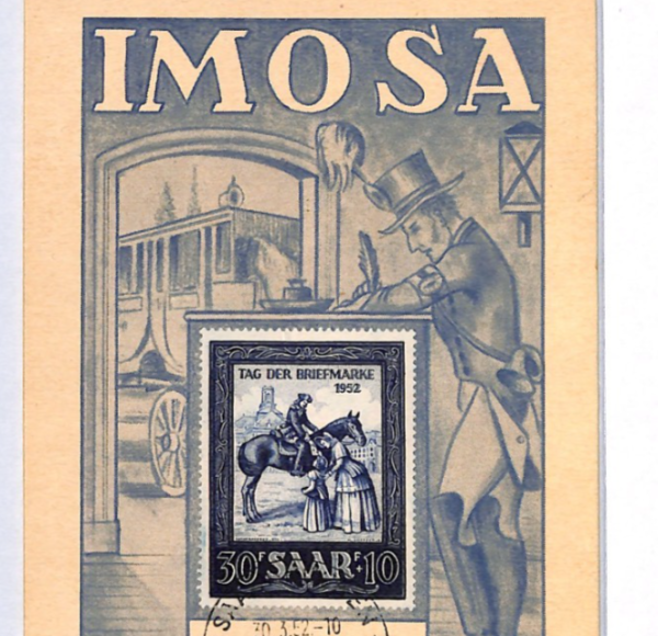 SAAR *IMOSA* 1952 MAXI-CARD Saarbrucken 30+10f POSTMAN HORSE {samwells}YQ346