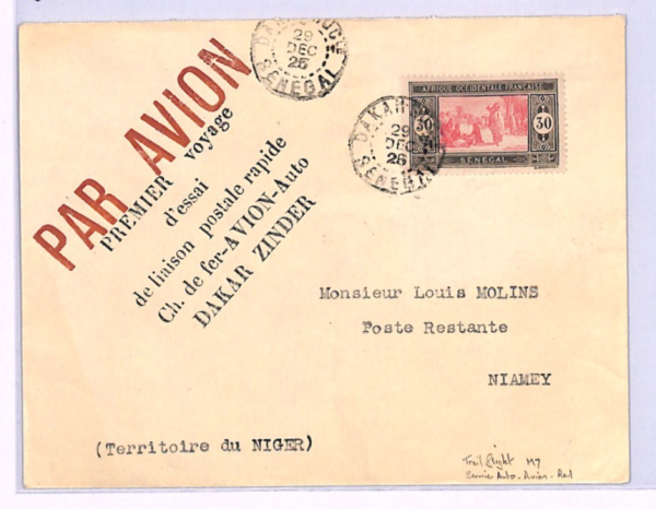 SENEGAL AOF Air Mail Cover 1925 FIRST FLIGHT NIGER Dakar-Niamey {Muller #8}XH87 - Image 3