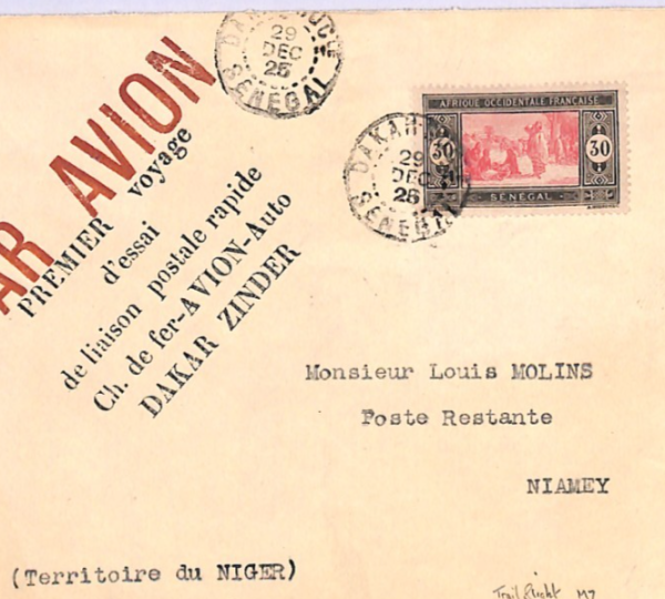 SENEGAL AOF Air Mail Cover 1925 FIRST FLIGHT NIGER Dakar-Niamey {Muller #8}XH87