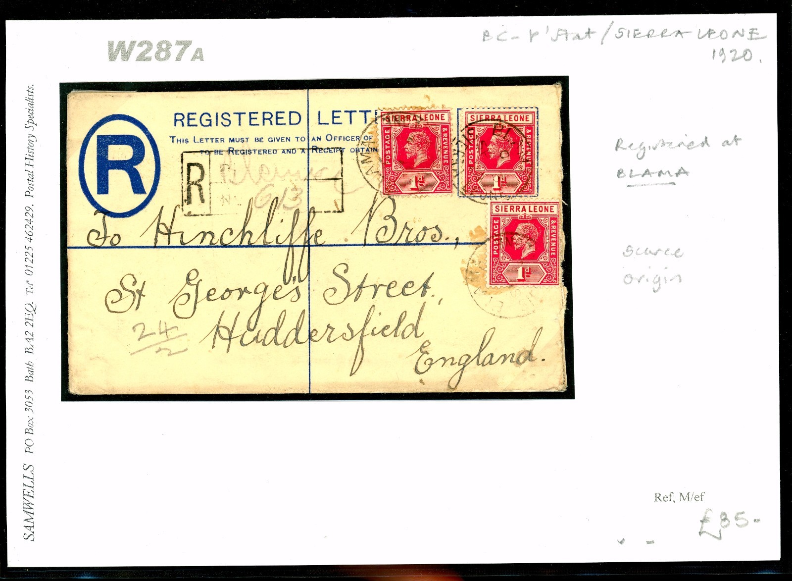 SIERRA LEONE *Blama* Registered Stationery Envelope 1920 Yorks {samwells}W287a - Image 3