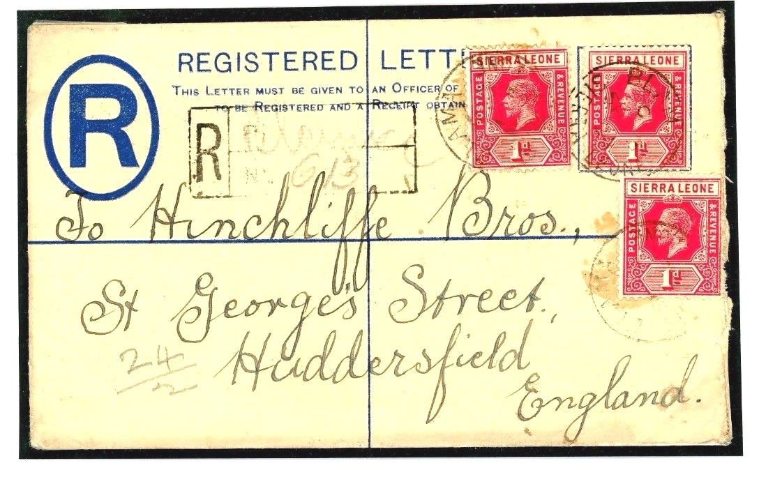 SIERRA LEONE *Blama* Registered Stationery Envelope 1920 Yorks {samwells}W287a