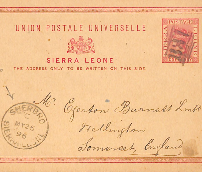 SIERRA LEONE QV Stationery Card *SHERBRO* CDS GB Somerset Wellington 1896 WE305