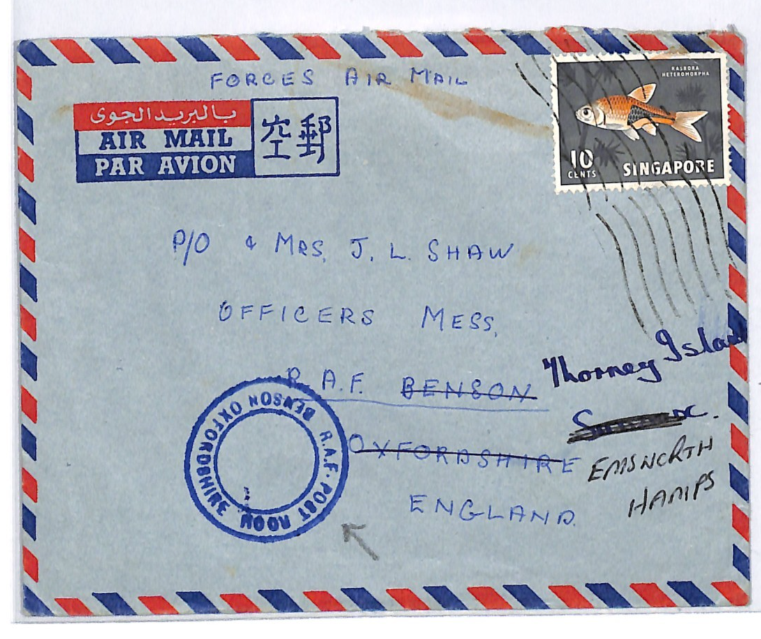 SINGAPORE 10c Fish Cover CHANGI Forwarded *RAF POST ROOM BENSON* Oxon WJ106 - Image 3