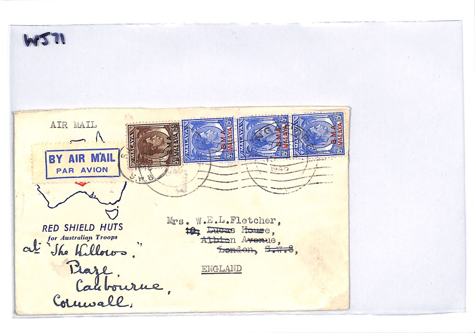 SINGAPORE BMA MALAYA Cover 1946 Australia Salvation Army GB London Cornwall WJ71 - Image 6