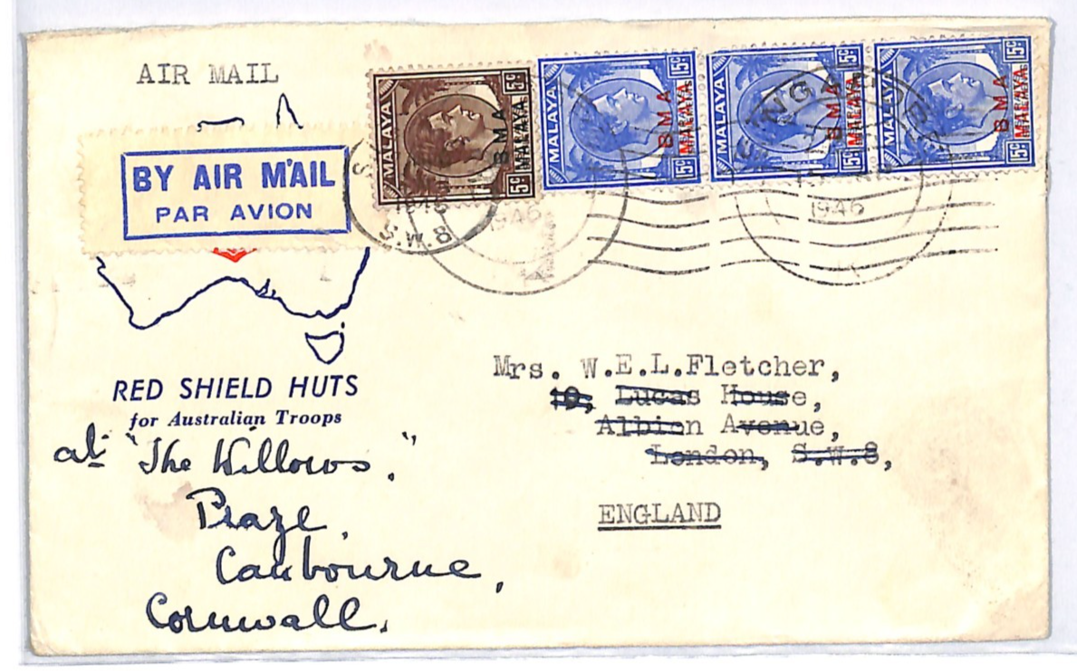 SINGAPORE BMA MALAYA Cover 1946 Australia Salvation Army GB London Cornwall WJ71