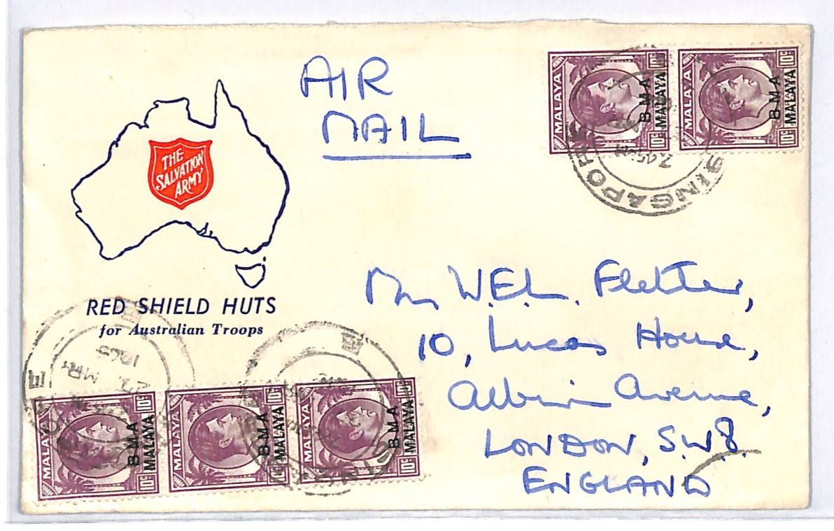 SINGAPORE BMA MALAYA Cover 1946? Australia Salvation Army GB London WJ58