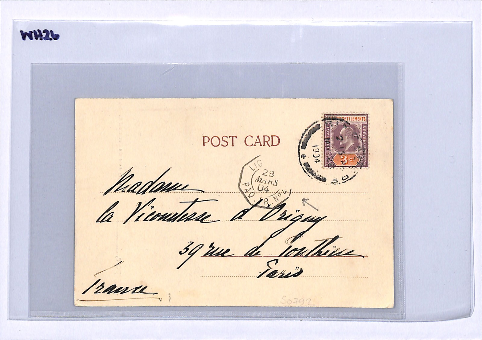 SINGAPORE Malaya Straits KEVII 3c Postcard 1904 French *PAQUEBOT* Octagonal WH26 - Image 6