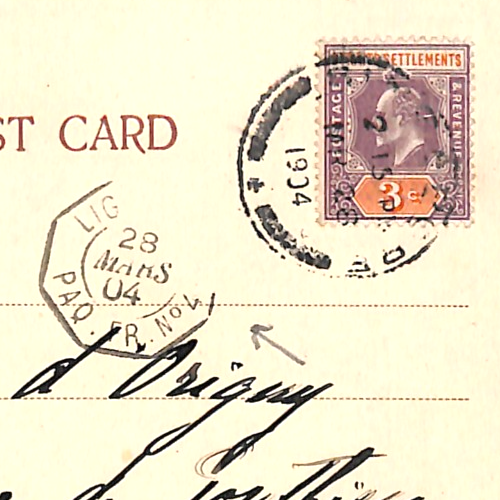 SINGAPORE Malaya Straits KEVII 3c Postcard 1904 French *PAQUEBOT* Octagonal WH26