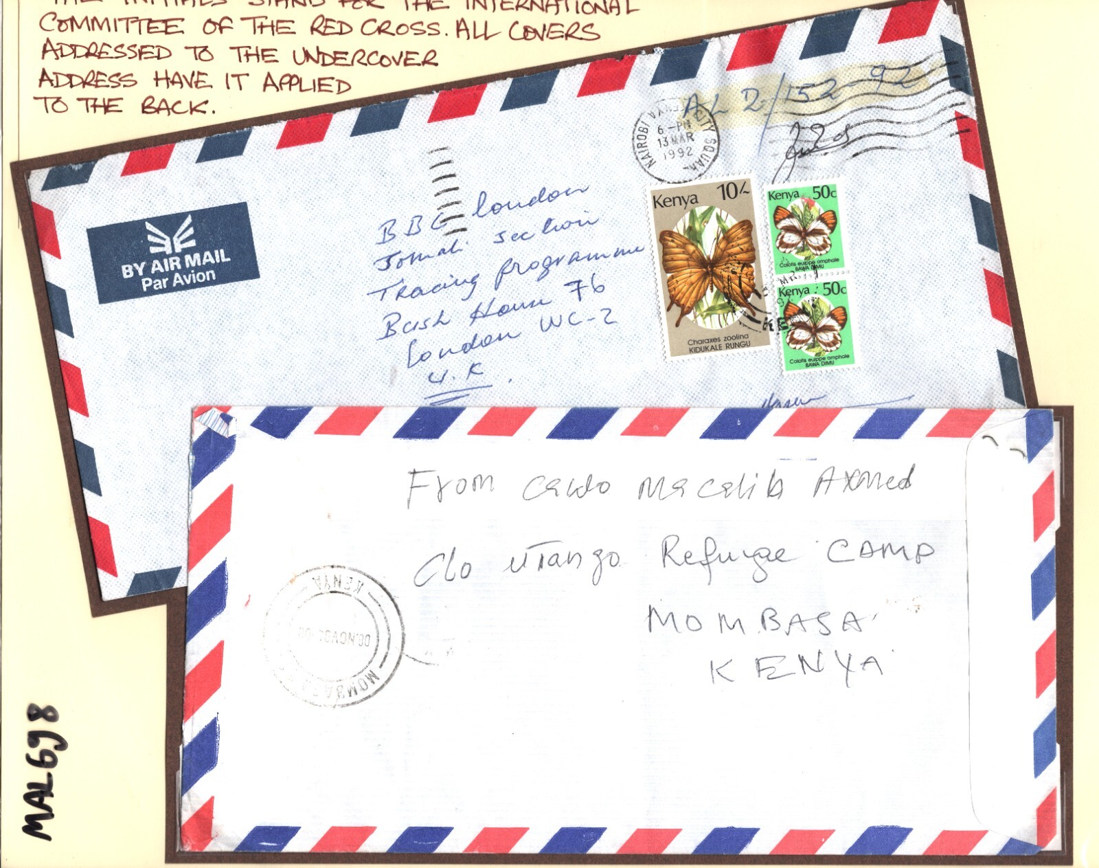 SOMALIA CIVIL WAR Covers{2} Forwarded KENYA *ICRC* RED CROSS 1992 Cachets MAL698