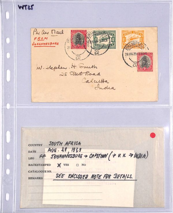 SOUTH AFRICA Air Mail Cover 1929 FIRST FLIGHT Johannesburg INDIA Calcutta WT25 - Image 4
