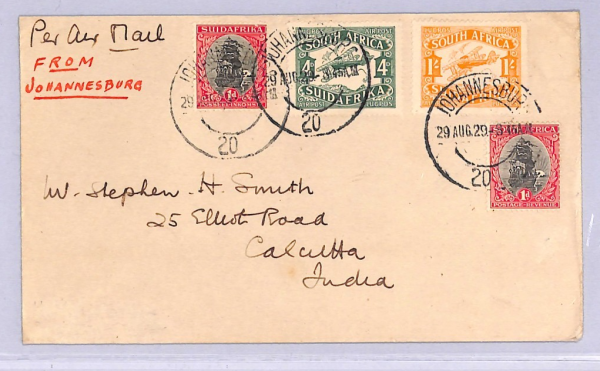 SOUTH AFRICA Air Mail Cover 1929 FIRST FLIGHT Johannesburg INDIA Calcutta WT25