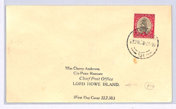 SOUTH AFRICA Cover *LORD HOWE ISLAND* Mail 1938 Australia NSW CDS {samwells}XW73 - Image 4