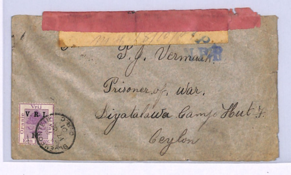 SOUTH AFRICA OVS BOER WAR Cover CEYLON POW CAMP Diyatalawa Bloem 1901 XV25 - Image 3