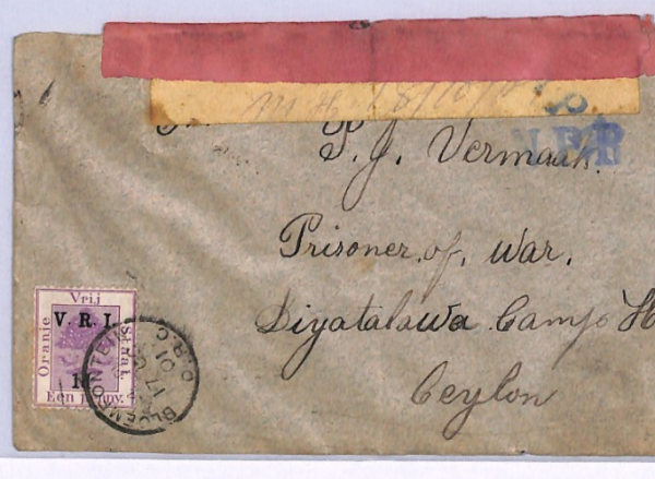 SOUTH AFRICA OVS BOER WAR Cover CEYLON POW CAMP Diyatalawa Bloem 1901 XV25