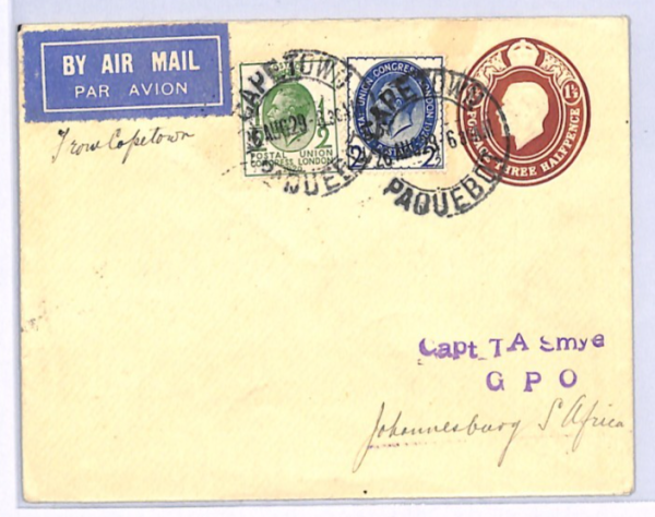SOUTH AFRICA PAQUEBOT Air Mail GB Smye Cover 1929 *PUC* FRANKING Cape Town XF206 - Image 4