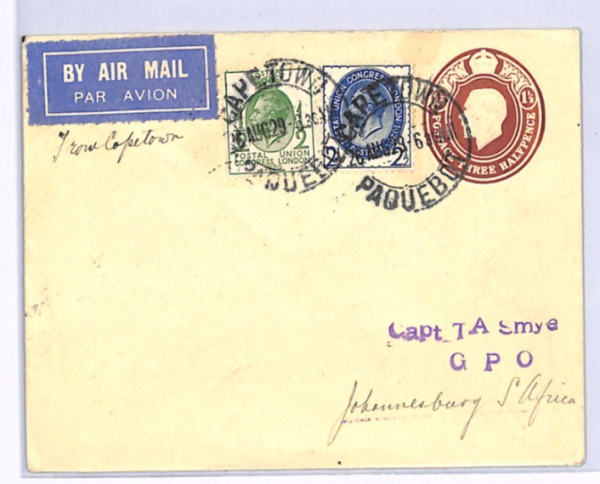 SOUTH AFRICA PAQUEBOT Air Mail GB Smye Cover 1929 *PUC* FRANKING Cape Town XF206 - Image 7