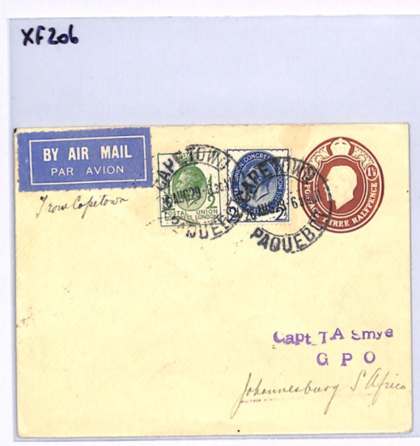 SOUTH AFRICA PAQUEBOT Air Mail GB Smye Cover 1929 *PUC* FRANKING Cape Town XF206 - Image 10