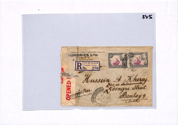 SOUTH AFRICA/KUT Overprints/TANGANYIKA Cover Dar Regd WW2 1941 INDIA Censor ZV2 - Image 6