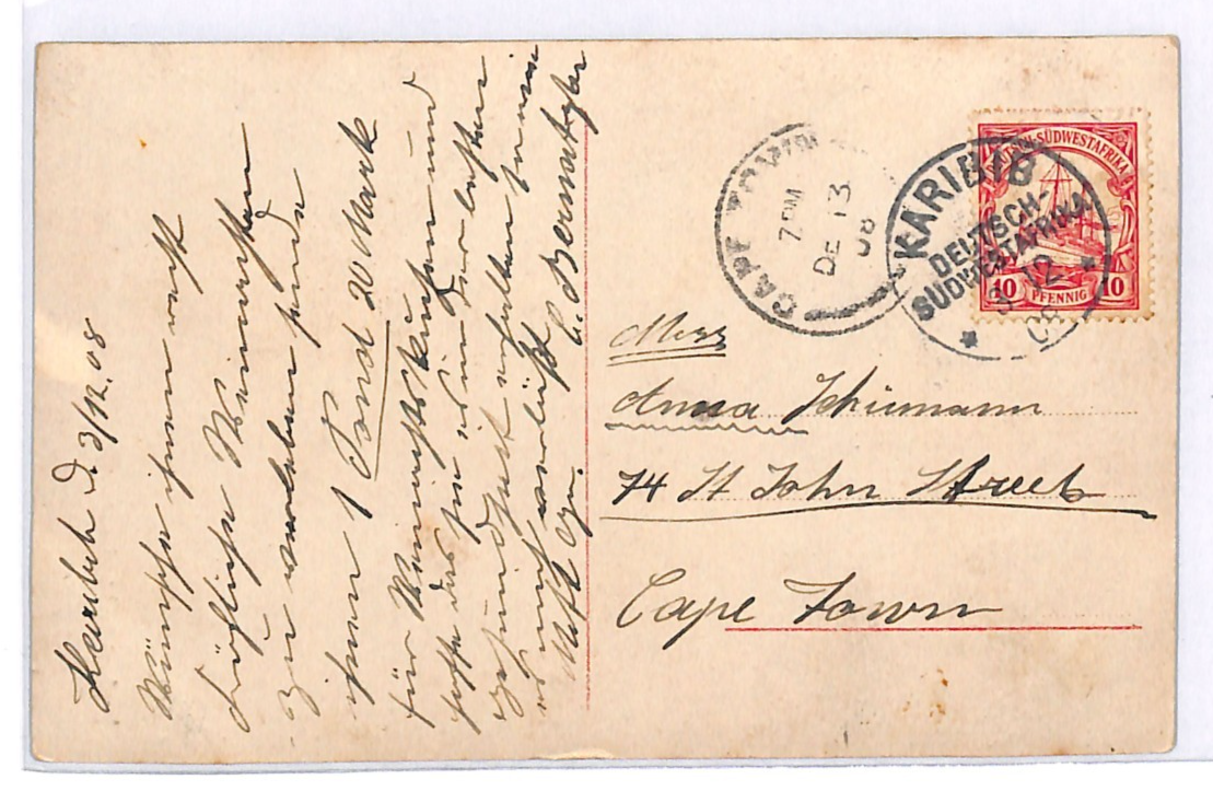 SOUTH WEST AFRICA Germany Cols YACHT Postcard *KARIBIB* 1908 CDS German SWA WK35 - Image 3