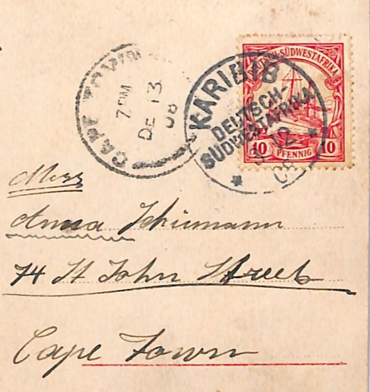 SOUTH WEST AFRICA Germany Cols YACHT Postcard *KARIBIB* 1908 CDS German SWA WK35