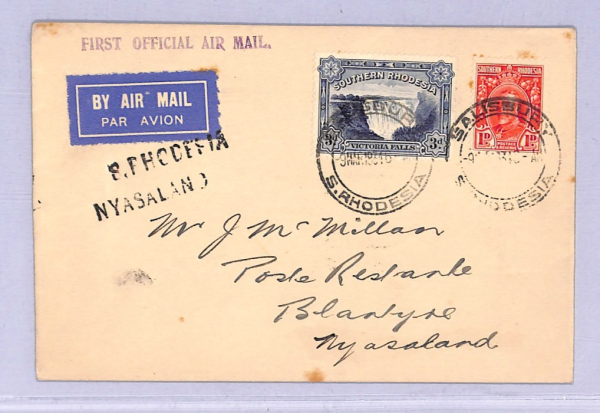 SOUTHERN RHODESIA Air Mail 1934 Cover FIRST FLIGHT Blantyre NYASALAND Cachet WT2