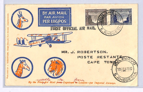 SOUTHERN RHODESIA Air Mail Cover IMPERIAL FIRST FLIGHT 1932 Cape Town XW64
