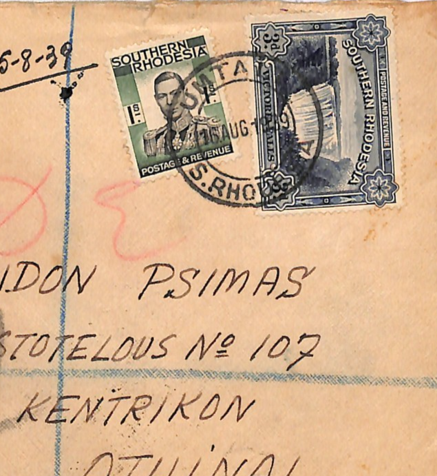 SOUTHERN RHODESIA Cover Umtali AIR Greece CURRENCY CONTROL 1939 3d Falls WJ172 - Image 3