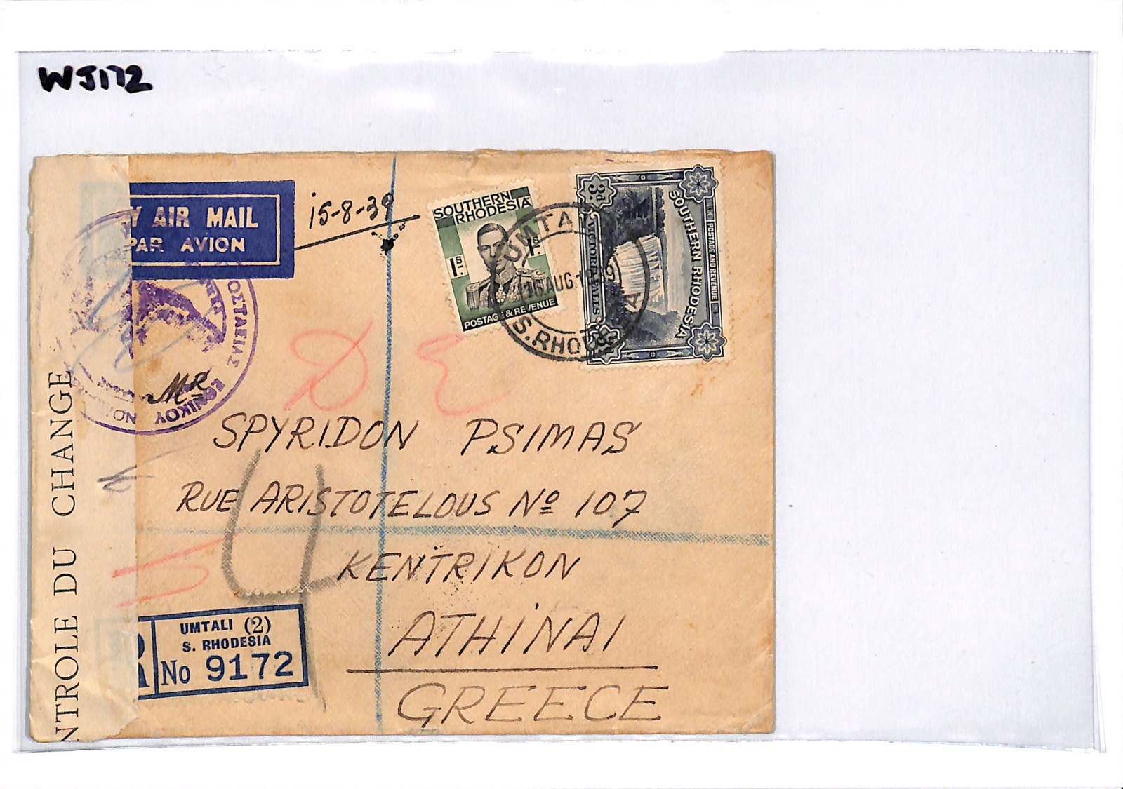 SOUTHERN RHODESIA Cover Umtali AIR Greece CURRENCY CONTROL 1939 3d Falls WJ172 - Image 5