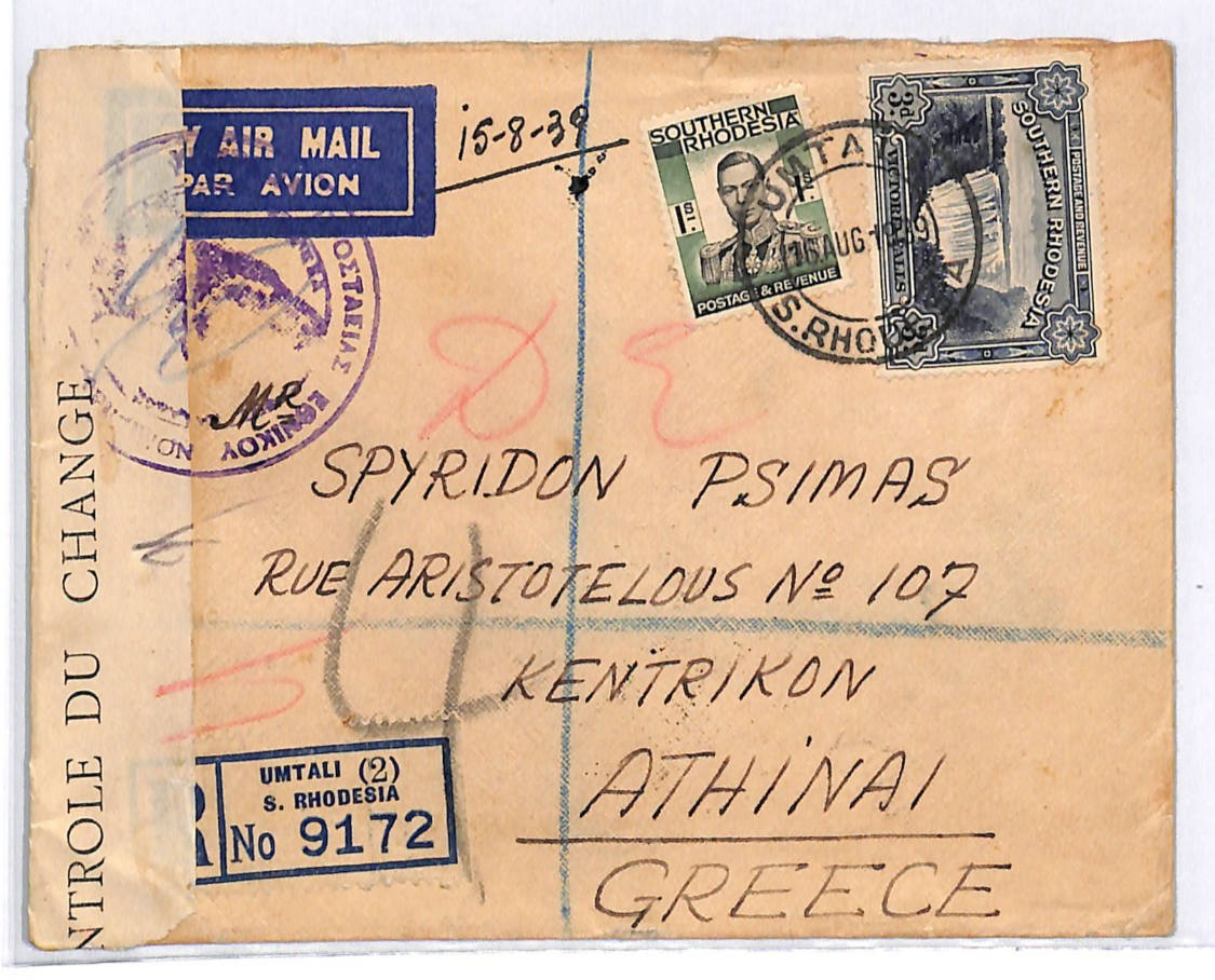 SOUTHERN RHODESIA Cover Umtali AIR Greece CURRENCY CONTROL 1939 3d Falls WJ172