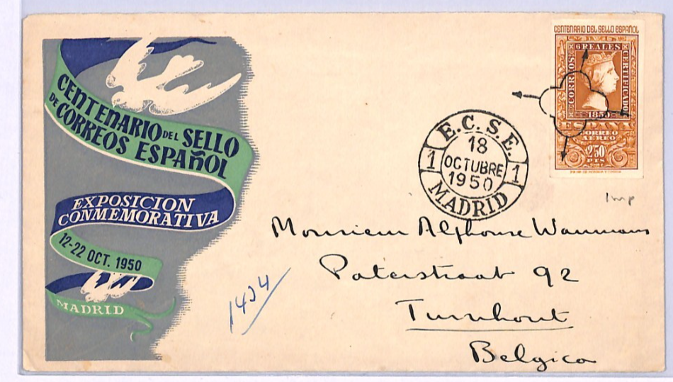SPAIN 1950 FDC Illustrated *IMPERF* 2.5pta STAMP CENTENARY Expo Madrid XV218 - Image 3