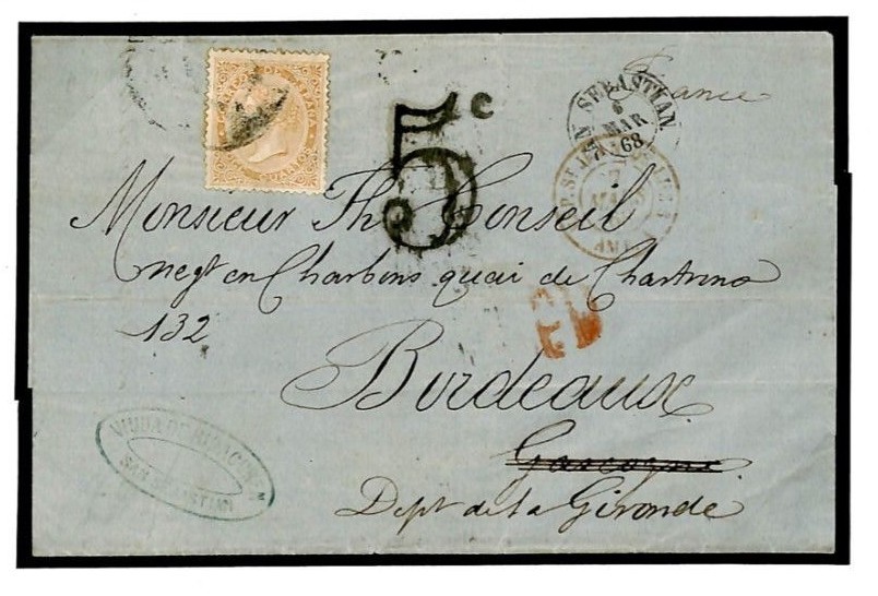 SPAIN Classic Cover San Sebastian 12c RED-ORANGE Scott #90b France 1868 F284 - Image 3