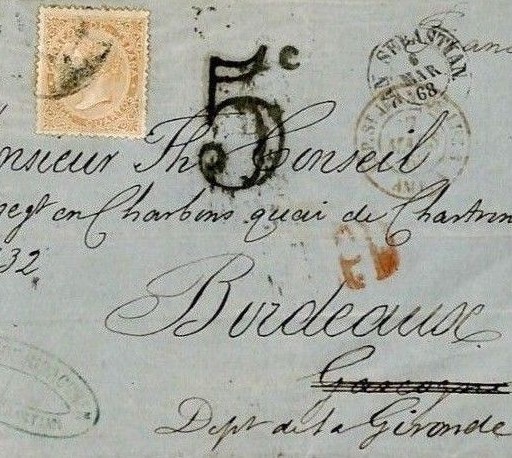 SPAIN Classic Cover San Sebastian 12c RED-ORANGE Scott #90b France 1868 F284