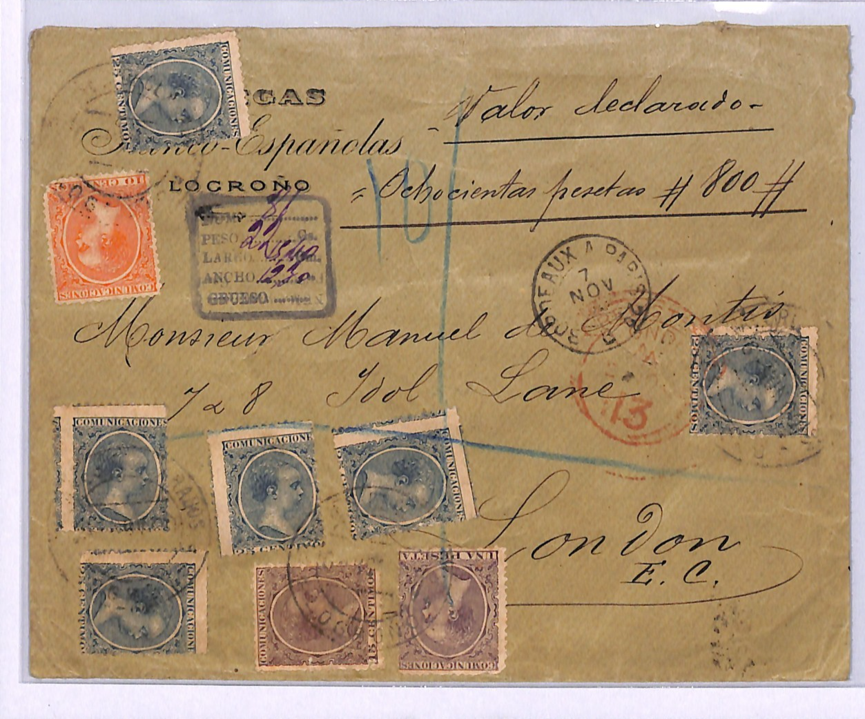 SPAIN Cover Logroño Reg KING ALFONSO 1pta *5-COLOUR FRANKING* 1900 London WF83 - Image 3