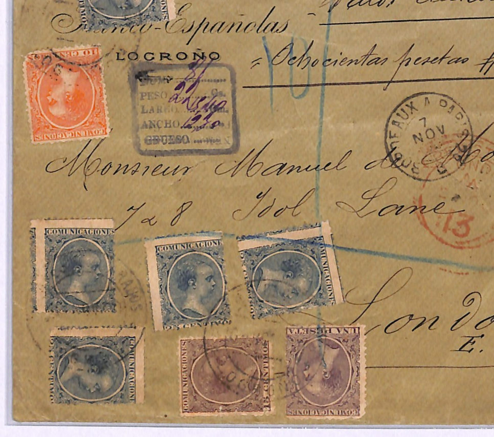 SPAIN Cover Logroño Reg KING ALFONSO 1pta *5-COLOUR FRANKING* 1900 London WF83 - Image 4