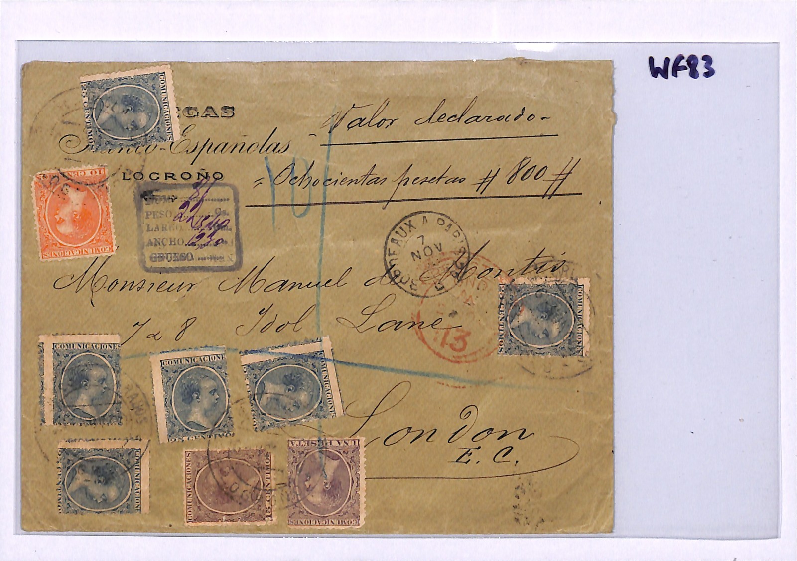 SPAIN Cover Logroño Reg KING ALFONSO 1pta *5-COLOUR FRANKING* 1900 London WF83 - Image 6