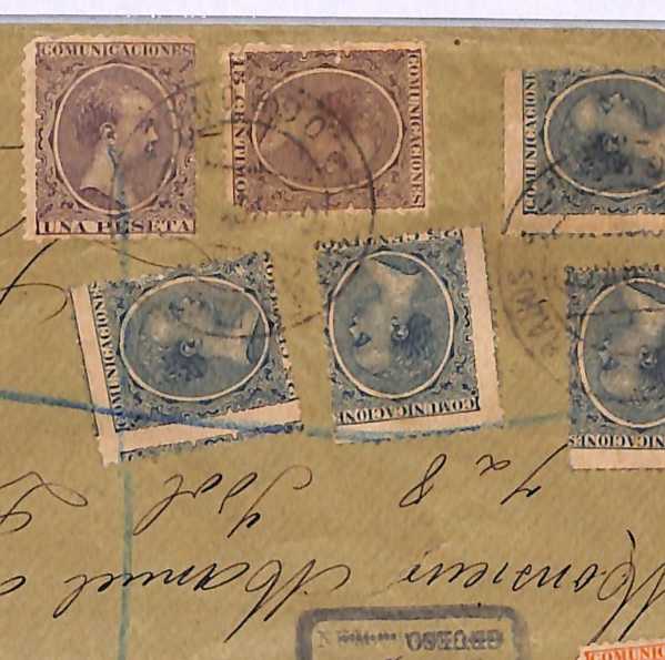 SPAIN Cover Logroño Reg KING ALFONSO 1pta *5-COLOUR FRANKING* 1900 London WF83