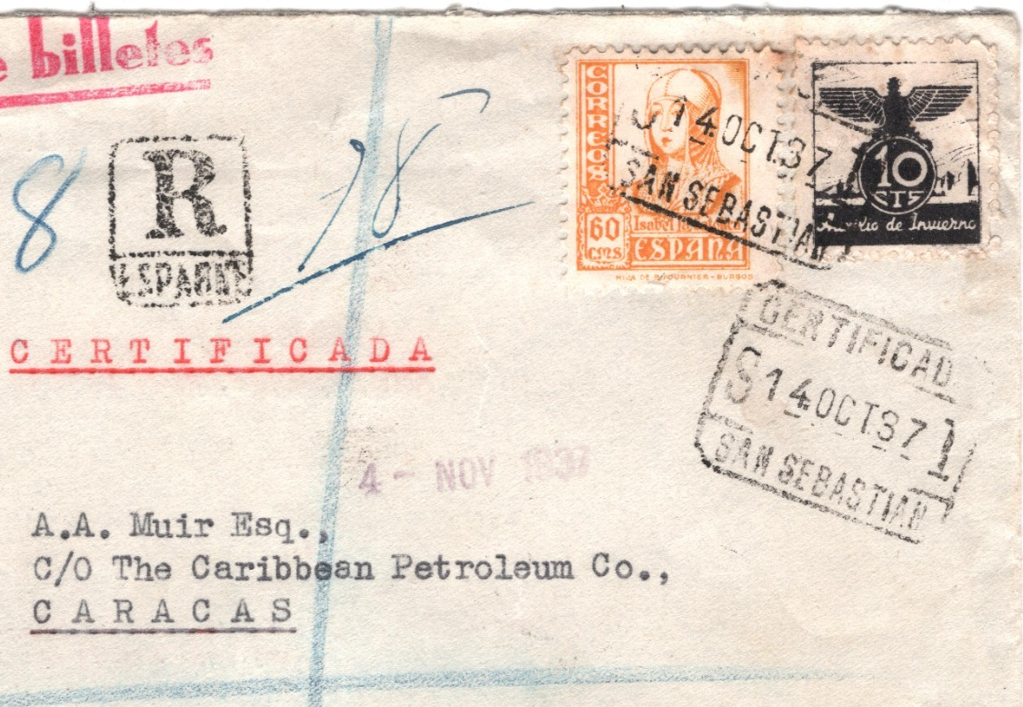 SPAIN Cover SPANISH CIVIL WAR Cover VENEZUELA MAIL Reg CENSOR 1937 Caracas YH201 - Image 3