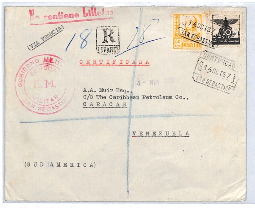 SPAIN Cover SPANISH CIVIL WAR Cover VENEZUELA MAIL Reg CENSOR 1937 Caracas YH201 - Image 4