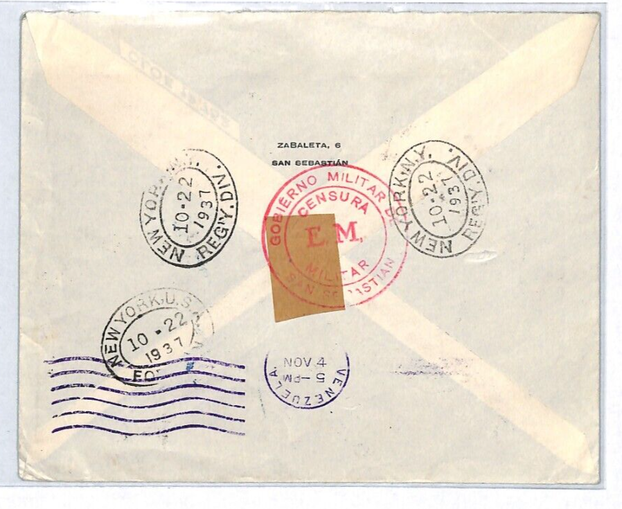 SPAIN Cover SPANISH CIVIL WAR Cover VENEZUELA MAIL Reg CENSOR 1937 Caracas YH201 - Image 5
